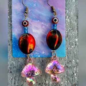 Evil eye mushroom beaded earrings dangles